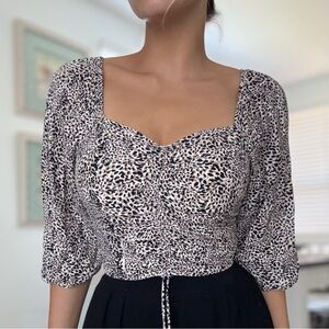 Japna Cheetah Print Ruched Drawstring 3/4 Sleeve Smocked Crop Top - Size M